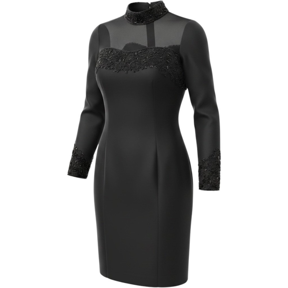 Oleg Cassini Black Tie Beaded Mesh Sheath Dress Long Sleeve Black Size 10